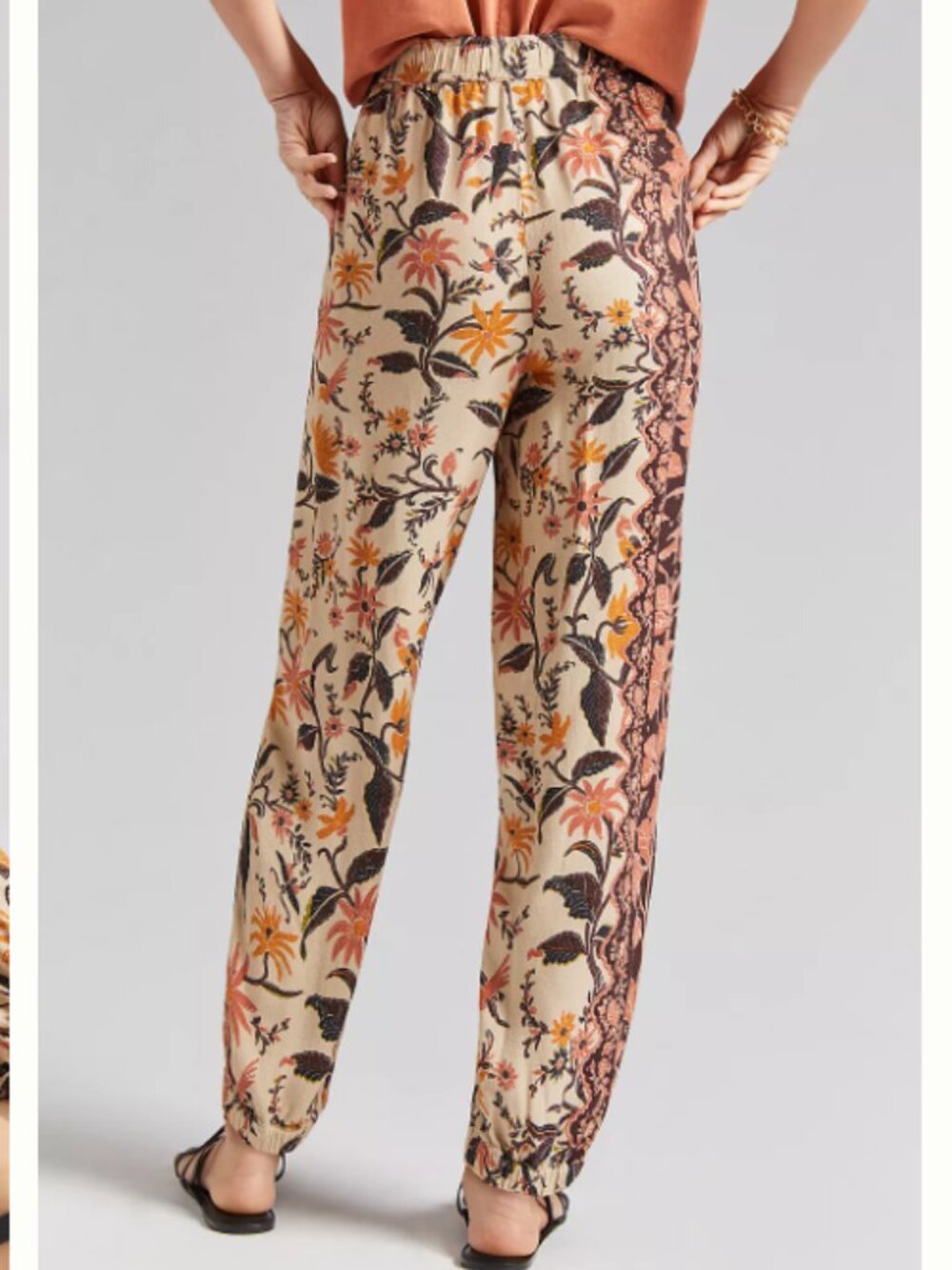Anthropologie Smocked Balloon Leg Pants Jogger Leaf Floral Beige Brown Size 4 - Picture 2 of 14